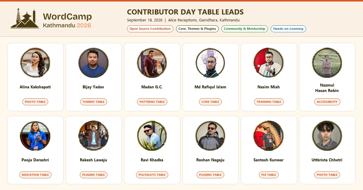 WordCamp Kathmandu 2026 Contributor Day Table Leads